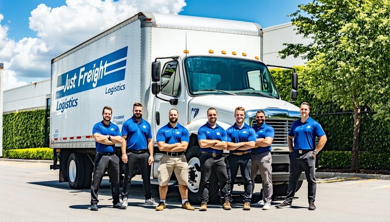 Just Freight Logistics team with a box truck, ready for local deliveries Just Freight Logistics team with a box truck, ready for local deliveries